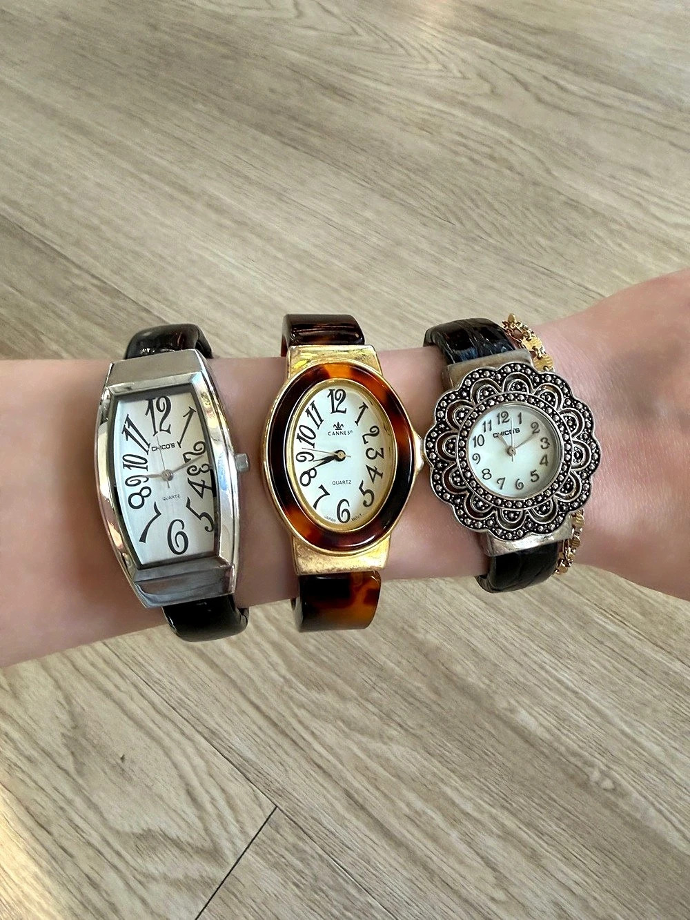 Lot of 3 Womens Watches Chicos & Cannes Quarts Black, Tortoise, Not Tested